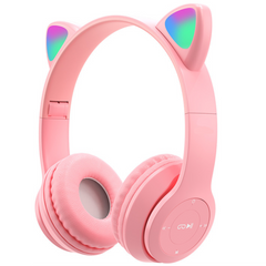 Бездротові Навушники з котячими Вушками з підсвічуванням + підтримка MicroSD Cat Ear P47M Рожевий