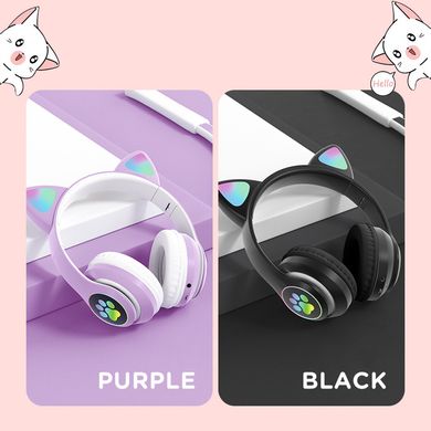 Бездротові дитячі MP3 Навушники з котячими Вушками з підсвіткою з MicroSD з FM-Радіо Cat Ear STN-28 Bluetooth Чорні